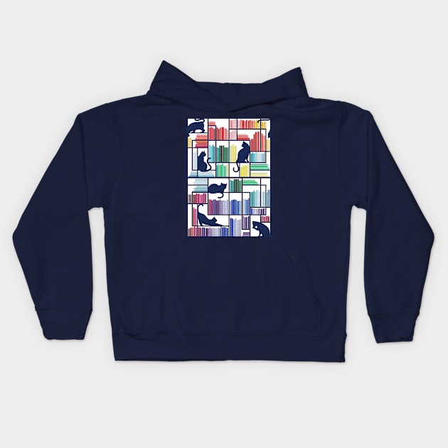 Rainbow bookshelf // white background navy blue shelf and library cats Kids Hoodie by SelmaCardoso